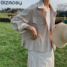 Gizmosy Linen Cotton Big Pocket Loose Jacket Women 2022 Elegant Loose Female Casual Linen Thin Jacket Vintage Pockets Streetwear 2024 - buy cheap