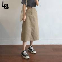 Luck A Retro Women's Long Denim Skirt Khaki Oversized High Waist Button Pocket Split Jeans Straight Plus Size Split Long Skirt 2024 - buy cheap