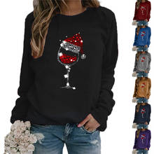 Hot Sale Women’s Christmas Pullovers, Glitter Santa Hat Red Wine Glass Print Long Sleeve Crewneck Loose Sweatshirts S-XXL 2024 - buy cheap