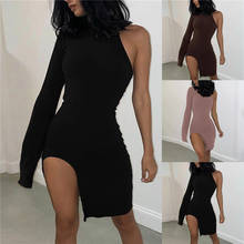 One Shoulder Long Sleeve Women Bodycon Party Dresses Side Slit Autumn Fashion Sexy Skinny Clubwear Mini Dress Solid Hot 2024 - buy cheap