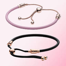 Qandocci bracelete deslizante de couro feminino, joias com berloques de prata esterlina 2020, preto e rosa, frete grátis, 925 2024 - compre barato