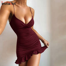 InstaHot-minivestido Sexy ajustado para mujer, Vestido con tirantes finos, fruncido, asimétrico, con volantes, ceñido, informal, para fiesta, escote en V 2024 - compra barato