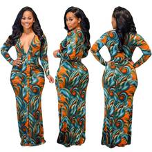 Newest Women Colorful Printing Floor-Length Dress Autumn Lady's Sexy Deep V-neck Long Sleeve Bodycon Party Dresses 2024 - buy cheap