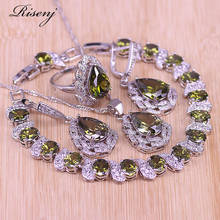 Risenj conjunto de joias de zircão verde-azeitona, conjunto de joias cor prata para mulheres, brincos e colar com pulseira, venda direta da fábrica 2024 - compre barato