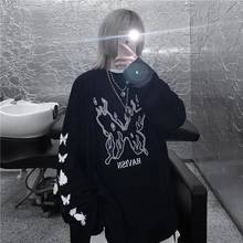 Футболка женская с принтом пламени и бабочки, тёмный хлопковый свитер с длинными рукавами в стиле Харадзюку, одежда в стиле панк и хип-хоп 2024 - купить недорого