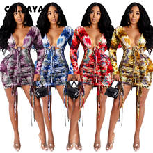 CM.YAYA Autumn Winter Tie Dye Print Women Stacked Ruched Bodycon Midi Dress Sexy Night Club Street Slim Pencil V-neck Dresses 2024 - buy cheap