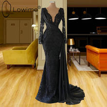 Dubái-Vestidos de Noche de sirena de manga larga, negros, con cuello en V y perlas de encaje, vestidos de noche largos formales hechos a medida 2024 - compra barato