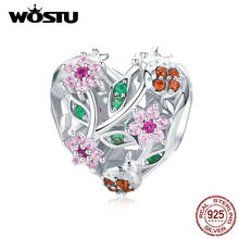 Wostuu 925 Plata de Ley mariquita y flores cuentas de corazón circonita Rosa encanto ajuste Pulsera Original collar joyería de moda CTC117 2024 - compra barato