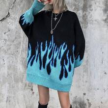 MRWILK  2021 New Sweater Female Hip-hop Style Flame Jacquard Women's Sweater Traf Couple Pullover Knit Top Loose Men's Sweater 2024 - buy cheap