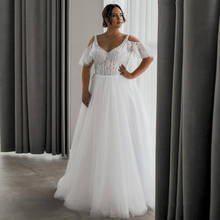 Novidade vestido de noiva plus size, decote em v, manga curta, apliques de miçangas, linha, robe de casamento 2024 - compre barato