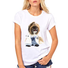Moda feminina bonito camiseta chihuahua pug/kitty anjo/yorkshire cão impresso t manga curta novidade design roupas 2024 - compre barato