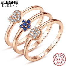 Real 925 prata esterlina anéis de dedo azul claro cz cristal redondo flor coração rosa anel de ouro para o casamento feminino jóias 2024 - compre barato