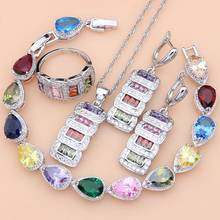 Conjuntos de joyas de novia de Ley 925, aretes de cristal de piedras preciosas Multicolor, conjunto de collar de pulsera de piedra, envío directo 2024 - compra barato