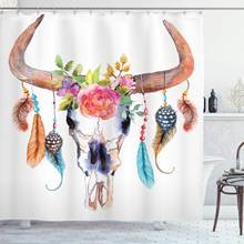 Cortina de chuveiro aquarela touro caveira com pendurar flor penas étnica inspirada étnica design americano tecido decoração de banheiro 2024 - compre barato