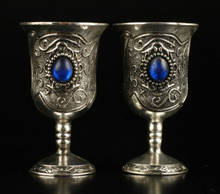 Um par de coleção de copos artesanais antigos miao prata embutido com contas azuis 2024 - compre barato