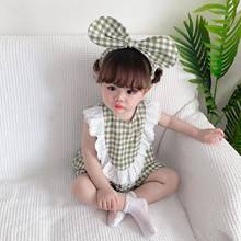 Summer Baby Girl Clothes 2 Piece Cute Plaid Floral Lace Sleeveless Baby Jumpsuits+bow Headband Korean Style Baby Bodysuit 0-18M 2024 - buy cheap