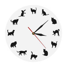Relógio de parede de gatinho redondo, relógio adorável e decorativo de animais de estimação com silhueta para gatos 2024 - compre barato