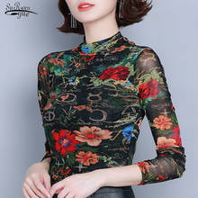 Blusa feminina manga longa gola alta floral, camisa casual justa estampada para mulheres 2021 50 2024 - compre barato