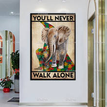 Elefante você nunca vai andar sozinho cartaz retro animais selvagens autismo consciência mês sala de estar casa impressão da arte da parede lona 2024 - compre barato