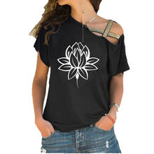 DAWASARU Lotus Flower Buddhism Buddha Meditation Print T Shirt Short Sleeve Women Irregular Skew Cross Bandage cotton tees 2024 - buy cheap