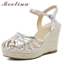 Meotina sapatos femininos sandálias de couro genuíno cunhas super salto alto sandálias alpercatle dedo do pé redondo senhoras calçados verão sliver 2024 - compre barato