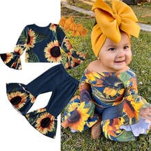 Conjuntos de ropa para bebés recién nacidos, Blusa de manga acampanada con volantes de girasol, Tops, pantalones largos, diadema 2024 - compra barato