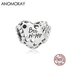 Anomook-abalorio romántico de plata 925, dije de corazón Be Happy, apto para pulsera y brazalete, cuentas de amor ahuecadas para fabricación de joyas DIY 2024 - compra barato