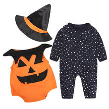 Conjunto com 3 peças de macacão unissex para bebês, roupas para meninos e meninas, halloween, roupas de manga longa, traje de abóbora, 2020 2024 - compre barato