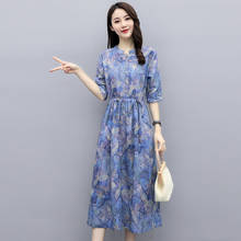 Женское винтажное платье из хлопка и льна, свободное синее платье с круглым вырезом и цветочным принтом, лето 2021 2024 - купить недорого