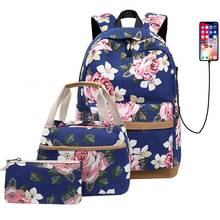 3pcs/set Women Flower Print Backpack USB Charging Laptop Rucksack Fashion Student School Bookbag Girls Travel Tote Shoulder Bag 2024 - buy cheap