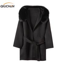 QIUCHEN PJ 2022 New arrival high quality cashmere women jacket real fur real fox fur collar Fashion model wool coat 2024 - buy cheap