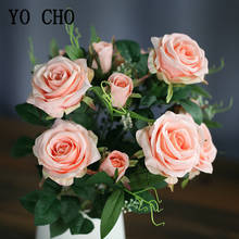 12 голов шелковые розы искусственный цветок букет Розовый поддельные розы Флорес букет для домашнего стола Ваза Декор Цветы Свадебные фальшивые цветы 2024 - купить недорого