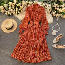 Spring And Summer French Vintage Maxi Dress 2021  Ladies Long Sleeve Orange Polka Dot Chiffon Pleated Dresses 2024 - buy cheap