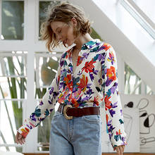 High Quality 100% Silk Blouse Women Casual Style Flower Printed Shirt Turn-down Neck Long Sleeve Tops Elegant New Fashion 2024 - buy cheap