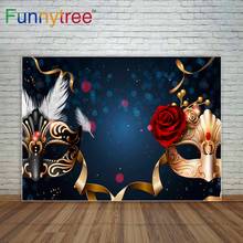Funnytree black and golden masks red rose dance party prom backdrop masquerade party golden ribbons background vinyl photography 2024 - купить недорого