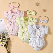 Cute Summer Newborn Baby Girls Cotton Linen Rompers Floral Print Ruffles Sleeve Button Jumpsuits+Headband Casual Soft Outfits 2024 - buy cheap