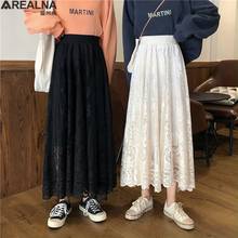 Elastic High Waist Lace Skirts Womens autumn winter 2020 Korean Elegant All-match Casual A-line Black pleated Long skirt Female 2024 - buy cheap