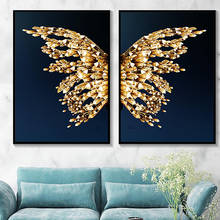 Pintura en lienzo de alas doradas abstractas, póster azul de mariposa hermosa, decoración minimalista moderna para el hogar, imagen artística de pared para dormitorio 2024 - compra barato