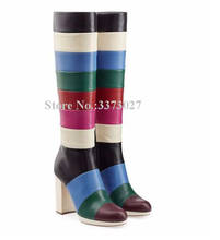 New Rainbow Color Leather Chunky Heel Women Long Boots Fashion Mixed Color Patchwork Platform Knee High Boots Lady Large Size 2024 - buy cheap