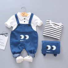 Spring and Autumn New Children's clothing boys and girls suspenders suit new baby lapel striped t-shirt two-piece suit 2024 - buy cheap