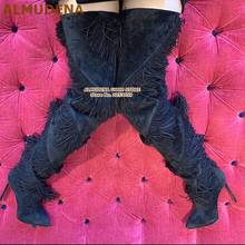 ALMUDENA Black Suede Fringe Over-the-knee Boots Newest Stiletto Heels Thigh High Tall Tassel Boots Luxury Stage Shoes Dropship 2024 - buy cheap