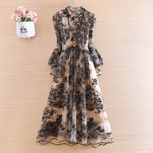 High-end Summer Women Midi Dresses Royal Embroidery Elegant Lady Slim Party Embroidered Mesh Dress S-XL 2024 - buy cheap