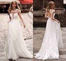 2021 Boho Lace Wedding Dresses A Line Cap Sleeves Sheer O Neck Bridal Gown Sweep Train Appliqued Country Beach Vestidos De Noiva 2024 - buy cheap