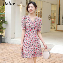 Jielur Chiffon Women Dress Short Sleeve Print V-neck Slim Summer Dress Elegant Vestidos High Waist A-line Dresses Robe Femme 2024 - buy cheap