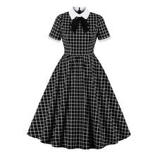 2021 Turn Down Collar Bowknot Elegant High Waist 50s Plaid Dress Short Sleeve Summer Women A Line Pleated Dresses Vintage Style 2024 - buy cheap