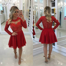 Red 2021 Elegant Cocktail Dresses A-line Long Sleeves Short Mini Appliques Lace Pearls Party Plus Size Homecoming Dresses 2024 - buy cheap