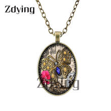 Zdying Vinatge Steampunk Clock Necklace Oval Pendant Glass Butterfly Pattern Cabochon Necklace Punk Jewelry For Woman Man CA007 2024 - buy cheap