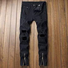 Homens legal designer marca jeans preto rasgado magro destruído estiramento magro ajuste hip hop calças com furos para homem 8.8 2024 - compre barato