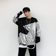 Silver Black Splicing Glitter Sequins T-shirt Tide Male Hip Hop Dancer Singer Stage Costume Long Sleeve Round Collar Tees Shirts 2024 - buy cheap