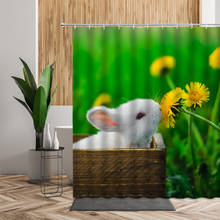 Linda cortina de chuveiro animal à prova dcute água bonito coelho branco amarelo flor verde plantas decoração do banheiro tela banho cortinas 2024 - compre barato